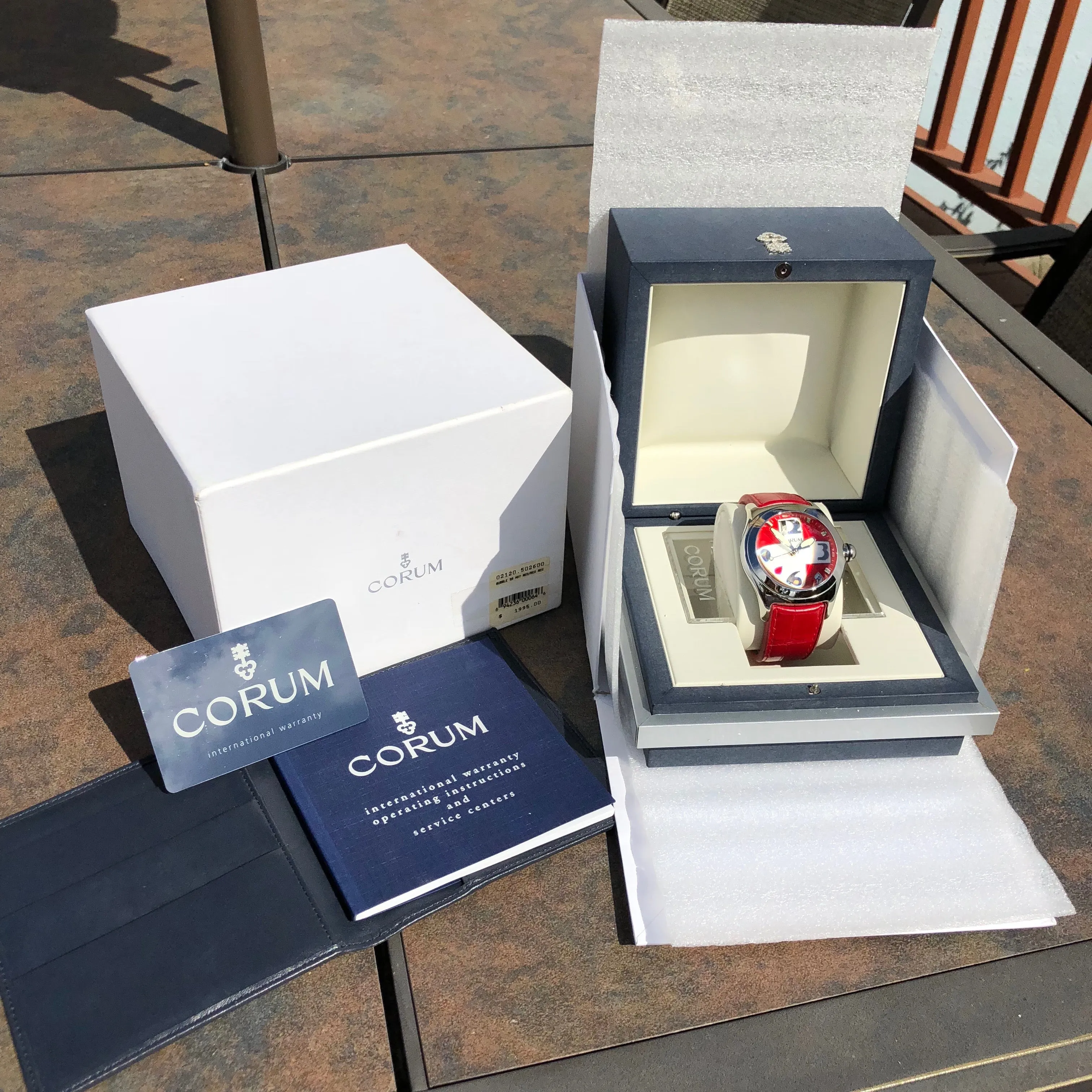 Corum Bubble Swiss Flag 163.150.20 45mm Stainless Steel Red Leather Wristwatch Box & Papers