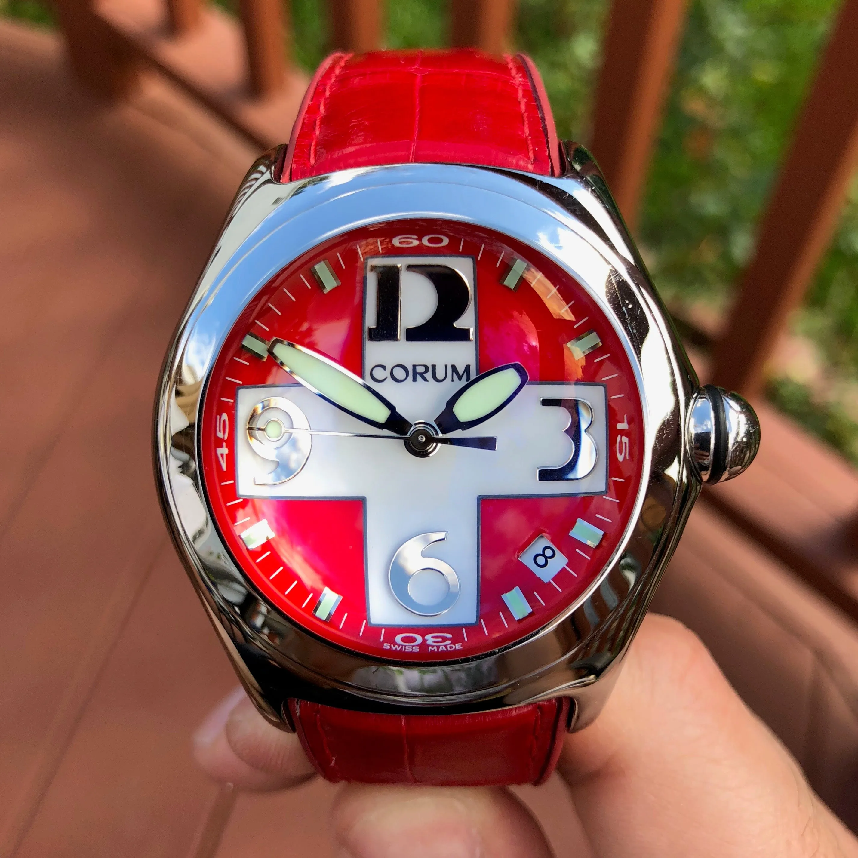 Corum Bubble Swiss Flag 163.150.20 45mm Stainless Steel Red Leather Wristwatch Box & Papers