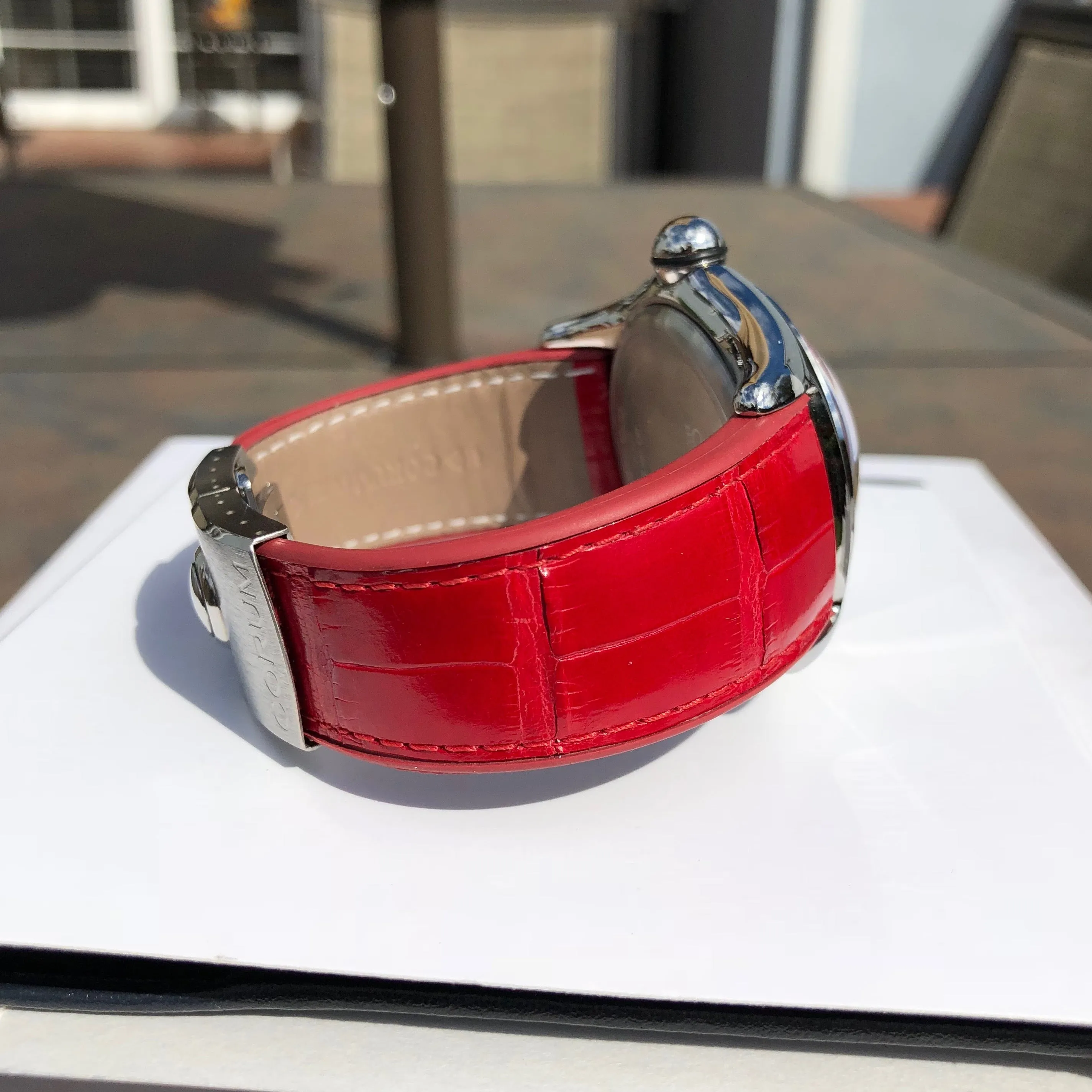 Corum Bubble Swiss Flag 163.150.20 45mm Stainless Steel Red Leather Wristwatch Box & Papers