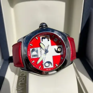 Corum Bubble Swiss Flag 163.150.20 45mm Stainless Steel Red Leather Wristwatch Box & Papers