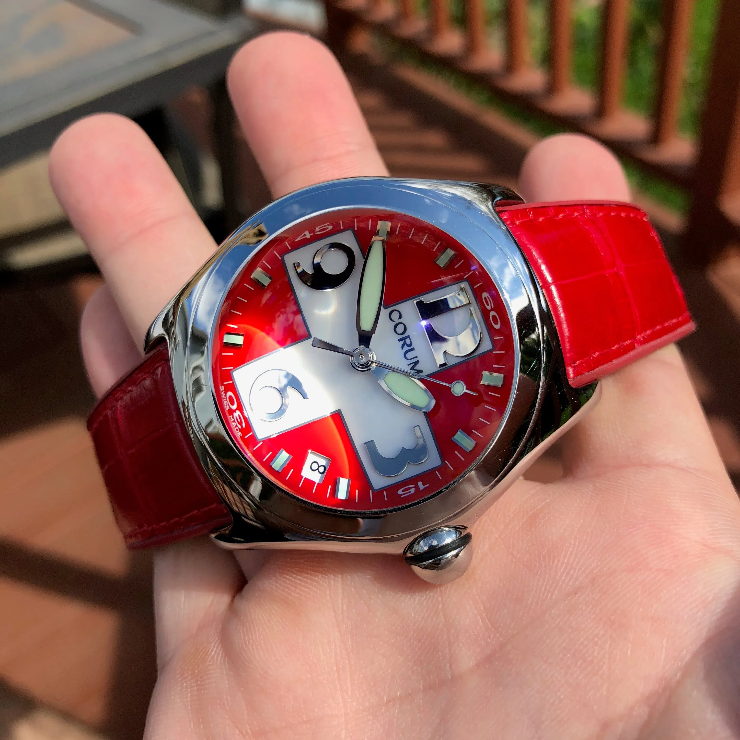 Corum Bubble Swiss Flag 163.150.20 45mm Stainless Steel Red Leather Wristwatch Box & Papers