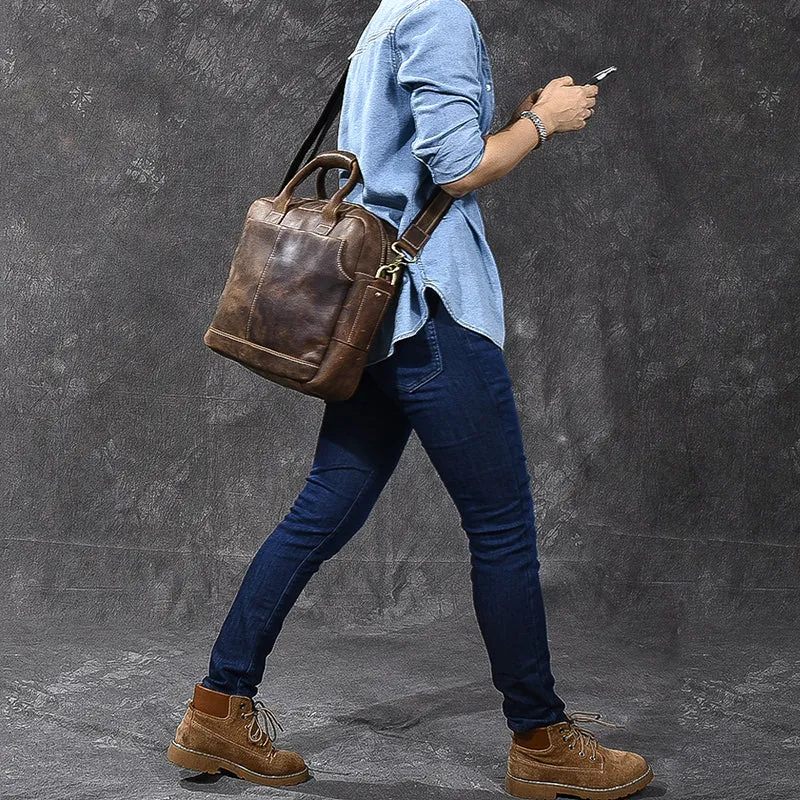 Crazy Horse Leather Large Briefcase Men Tote Bag Vintage Shoulder Business Bag