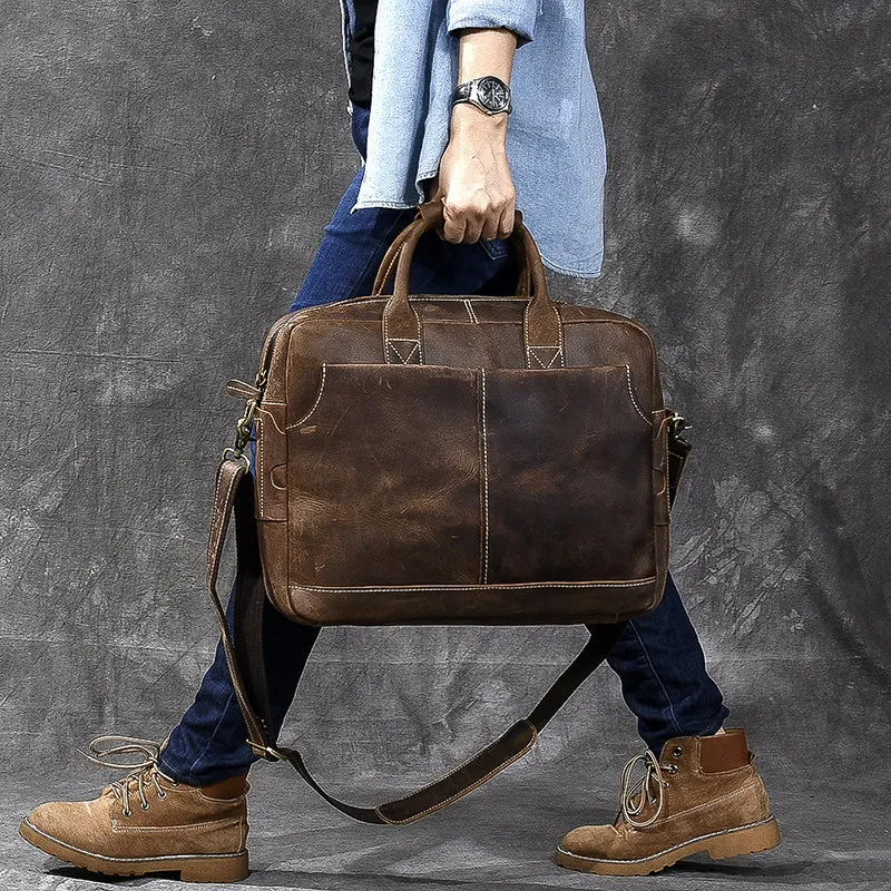 Crazy Horse Leather Large Briefcase Men Tote Bag Vintage Shoulder Business Bag
