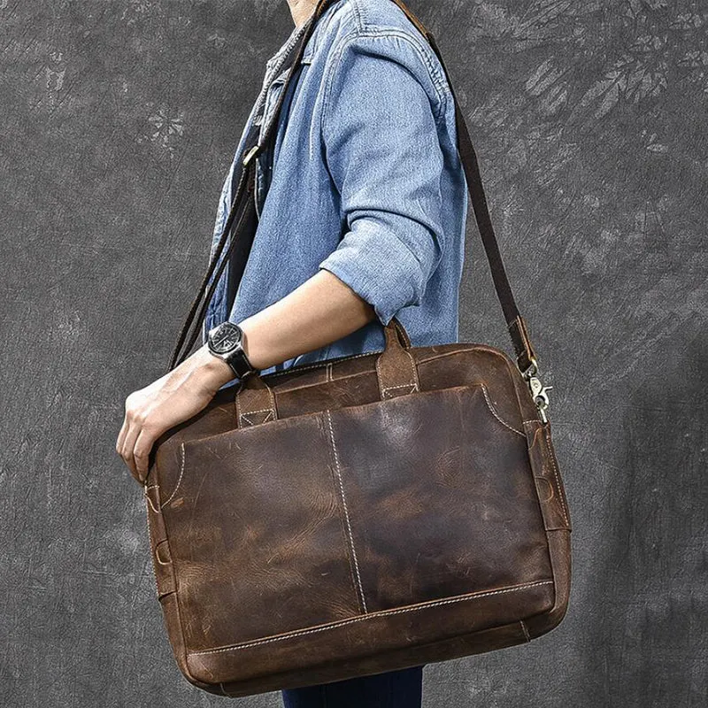Crazy Horse Leather Large Briefcase Men Tote Bag Vintage Shoulder Business Bag