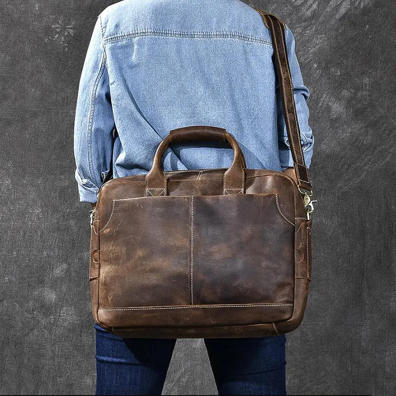 Crazy Horse Leather Large Briefcase Men Tote Bag Vintage Shoulder Business Bag
