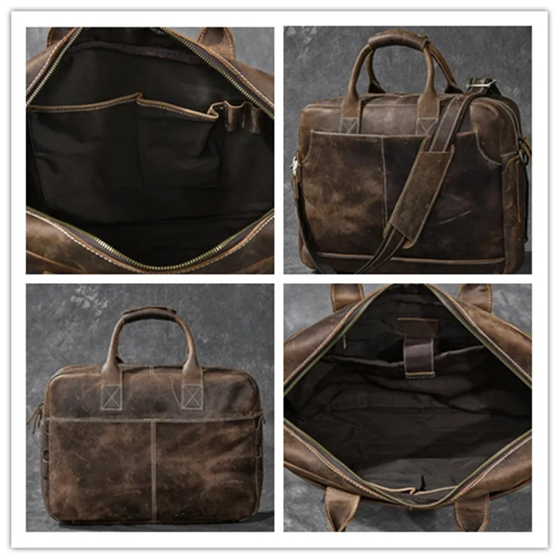 Crazy Horse Leather Large Briefcase Men Tote Bag Vintage Shoulder Business Bag