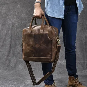 Crazy Horse Leather Large Briefcase Men Tote Bag Vintage Shoulder Business Bag