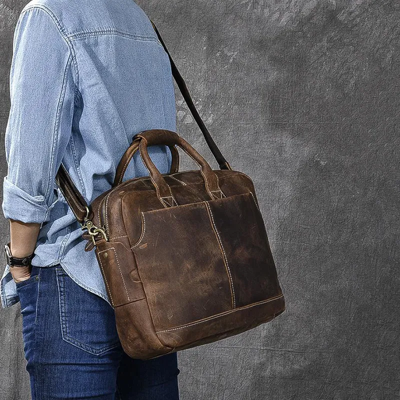 Crazy Horse Leather Large Briefcase Men Tote Bag Vintage Shoulder Business Bag