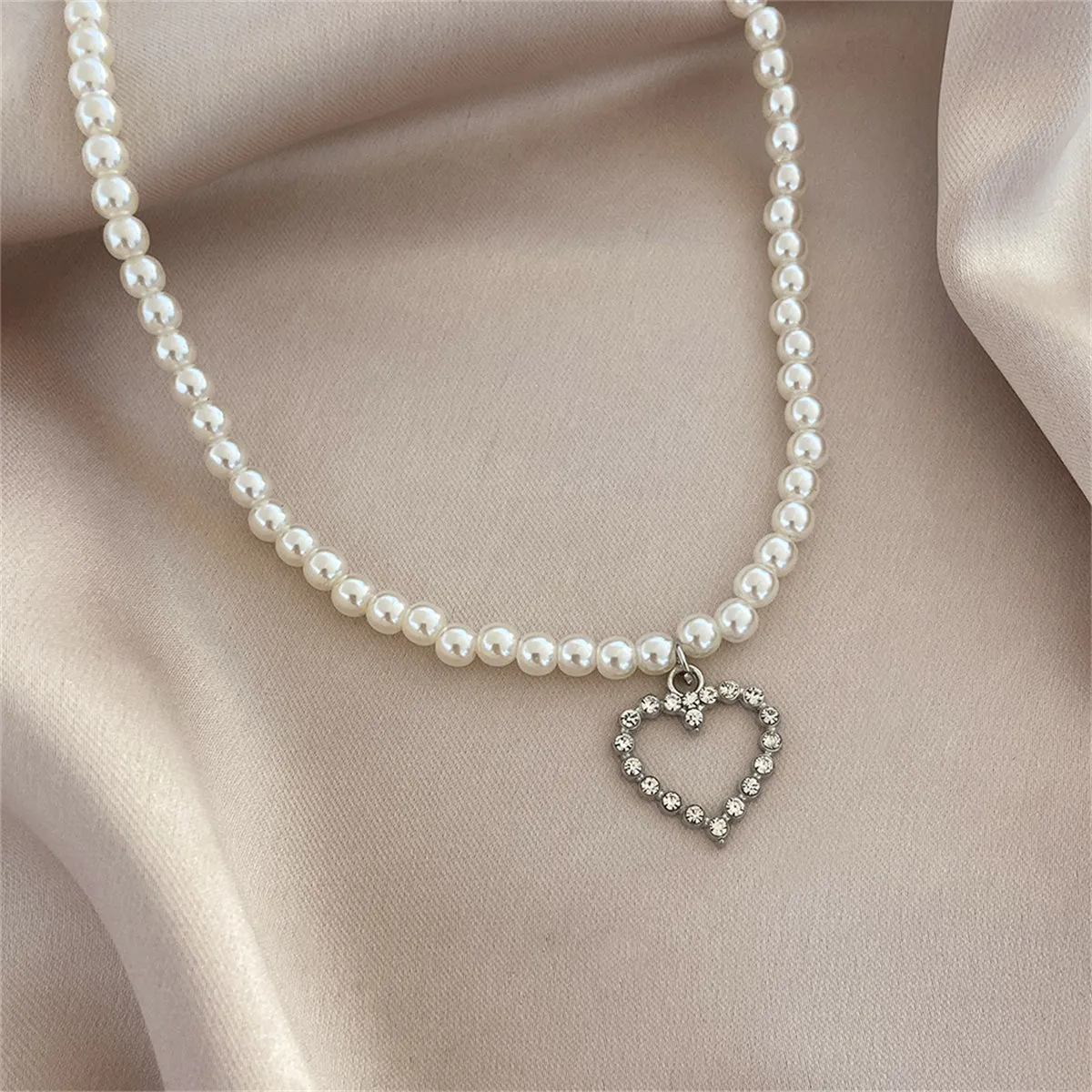 Cubic Zirconia & Pearl Silver-Plated Open Heart Pendant Necklace