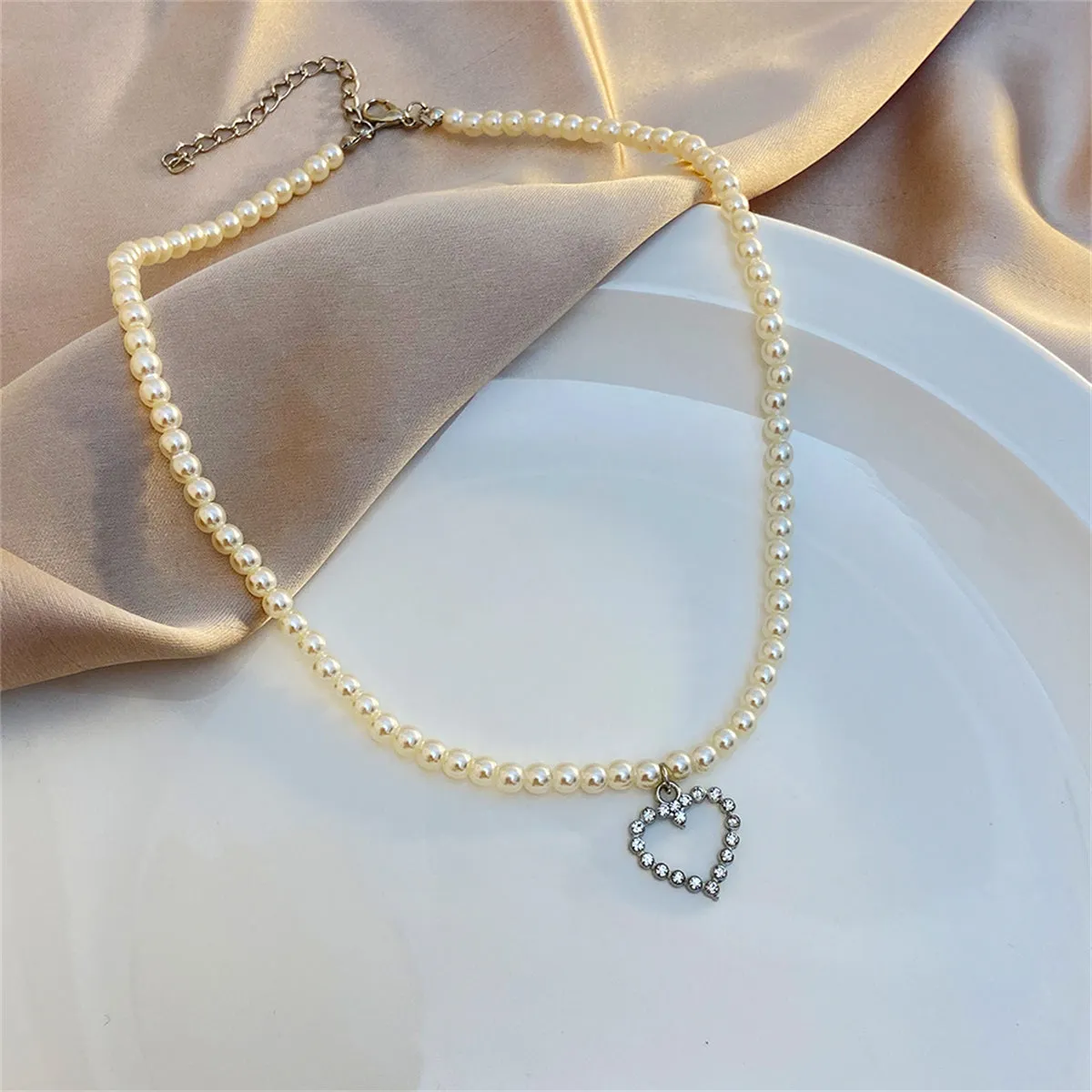 Cubic Zirconia & Pearl Silver-Plated Open Heart Pendant Necklace