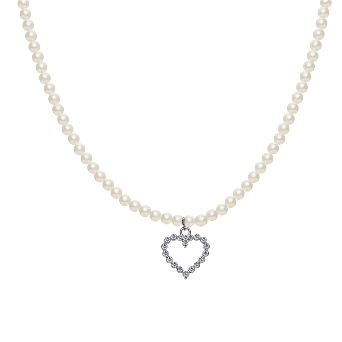 Cubic Zirconia & Pearl Silver-Plated Open Heart Pendant Necklace