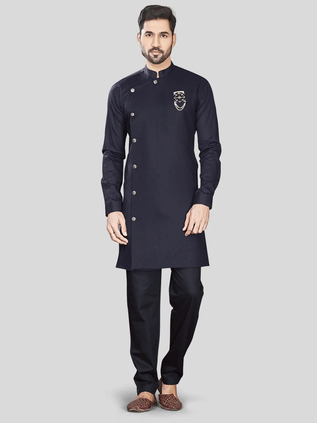 Designer Navy Blue Men's Silk Kurta