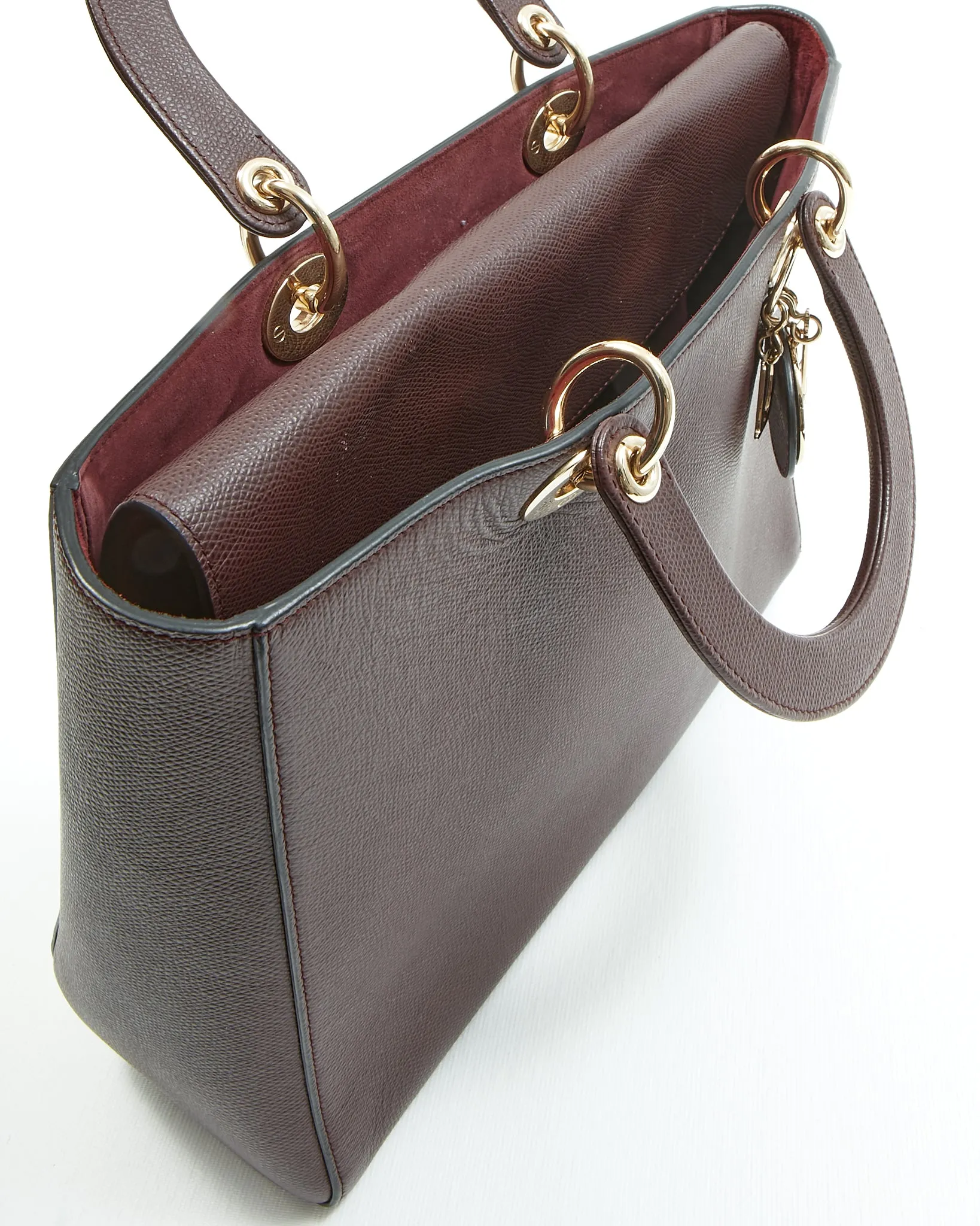 Dior Burgundy Leather Gold Tone Hardware Large Lady Dior Bag