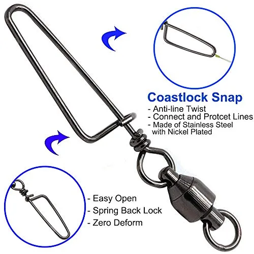Easy Catch 10, 30 Pack High-Strength Fishing Ball Bearing Swivel with Coastlock Snap, Strong Welded Ring for Saltwater Fishing-18Lb to 350Lb (100% Copper Stainless Steel) (Size 5 5 (120lb) 30Pack)