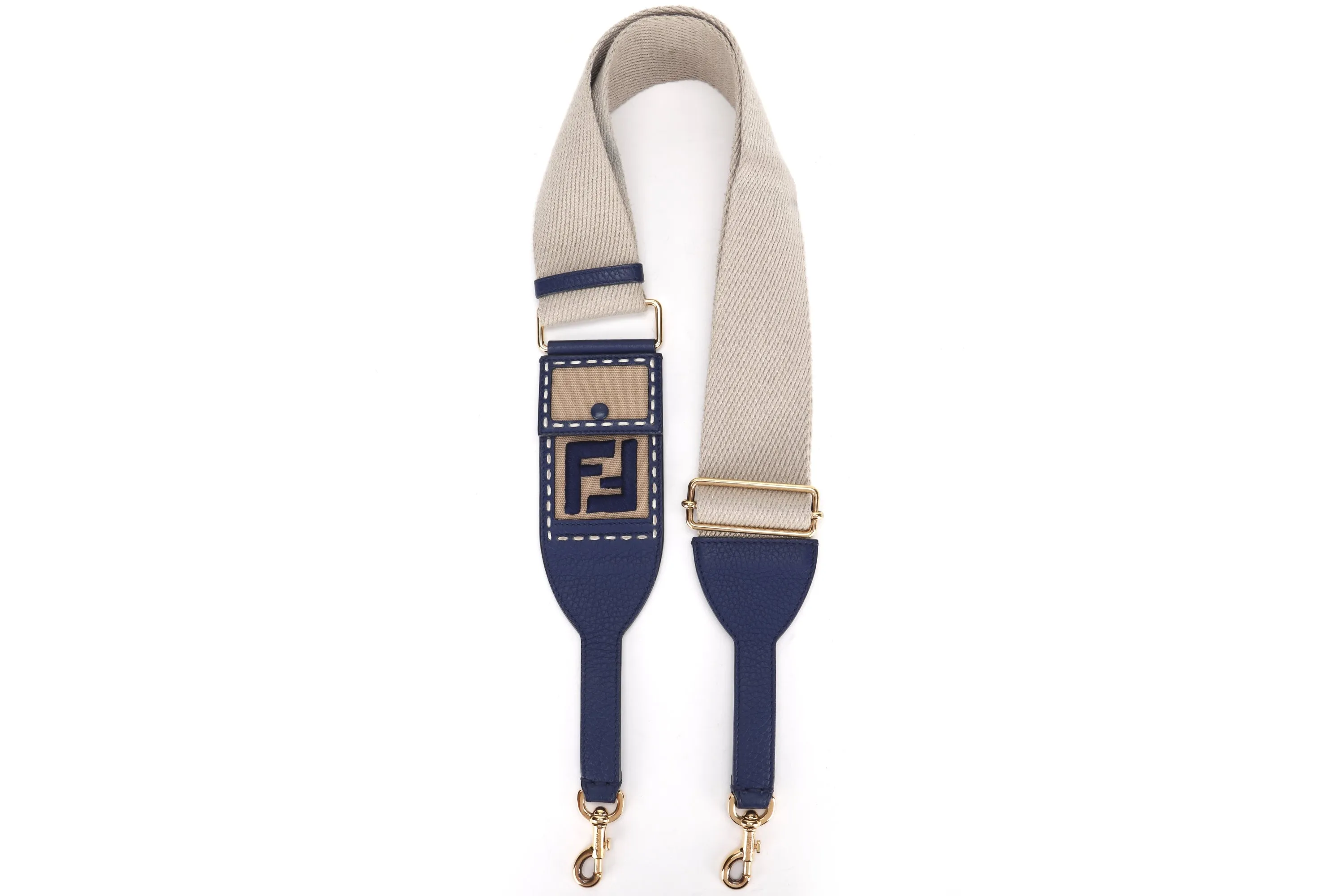 FENDI DARK BLUE LEATHER WITH BEIGE CANVAS SHOULDER STRAP GOLD HARDWARE, NO DUST COVER & BOX