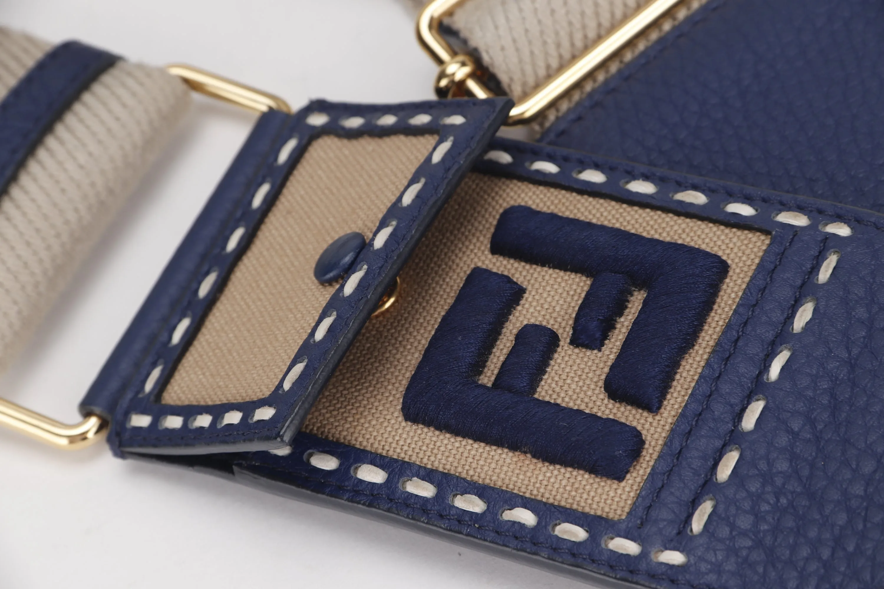 FENDI DARK BLUE LEATHER WITH BEIGE CANVAS SHOULDER STRAP GOLD HARDWARE, NO DUST COVER & BOX