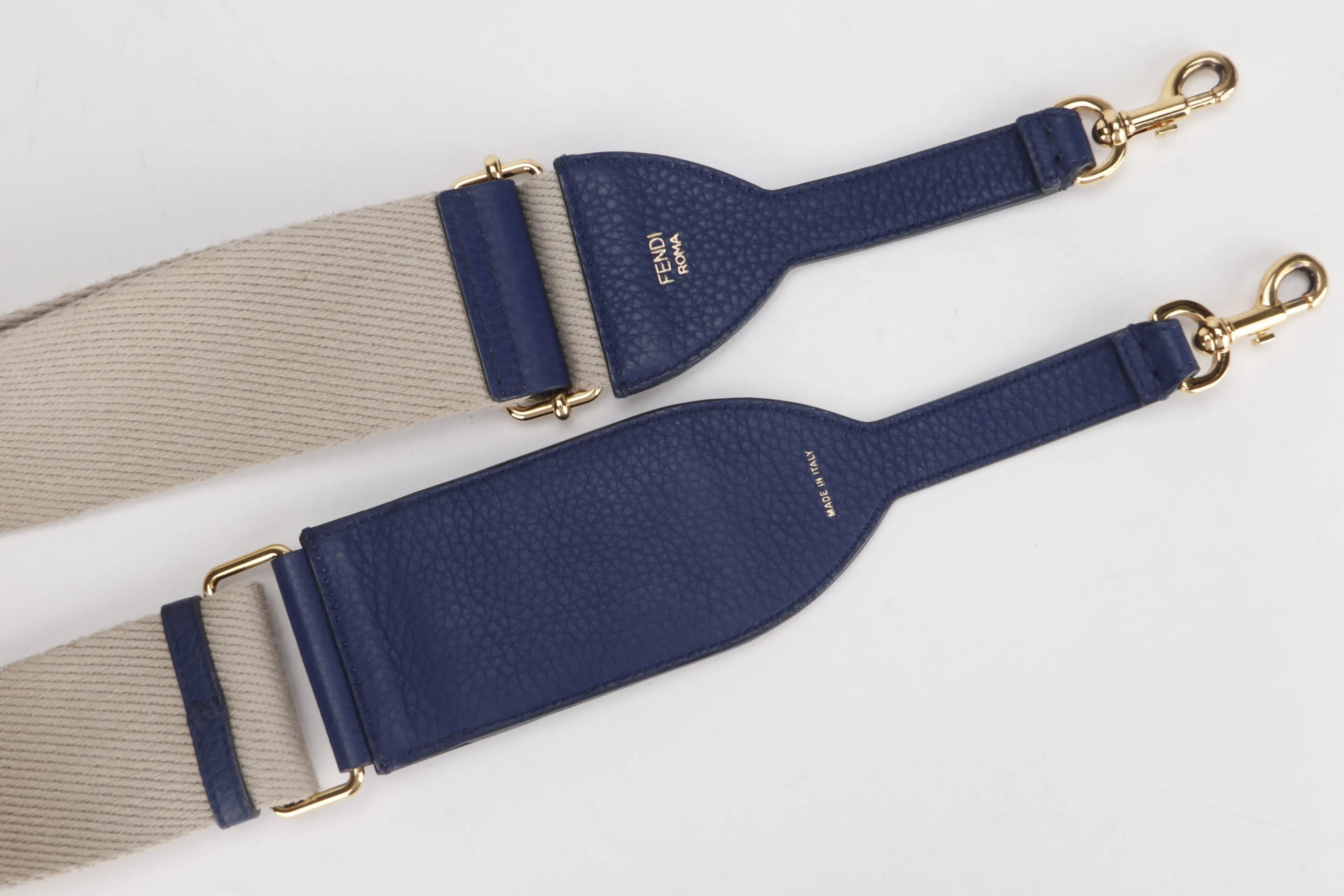 FENDI DARK BLUE LEATHER WITH BEIGE CANVAS SHOULDER STRAP GOLD HARDWARE, NO DUST COVER & BOX