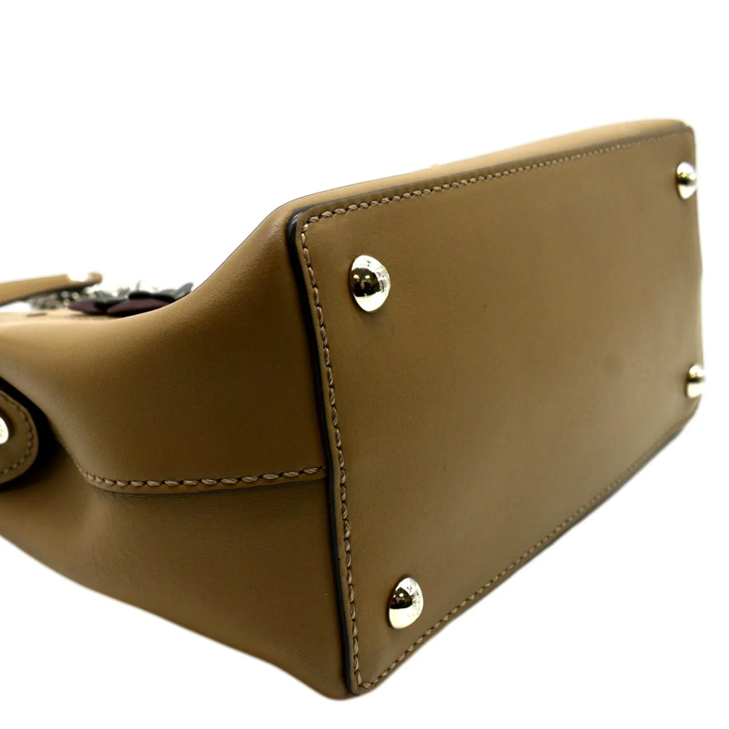 FENDI DotCom Flower Embellished Leather Shoulder Bag Tan