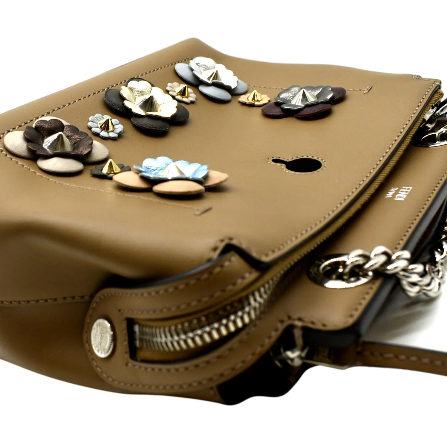 FENDI DotCom Flower Embellished Leather Shoulder Bag Tan