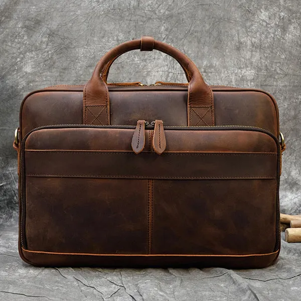 Full Grain Leather Briefcase Mens Retro Leather Handmade Laptop Bag Messenger Bag