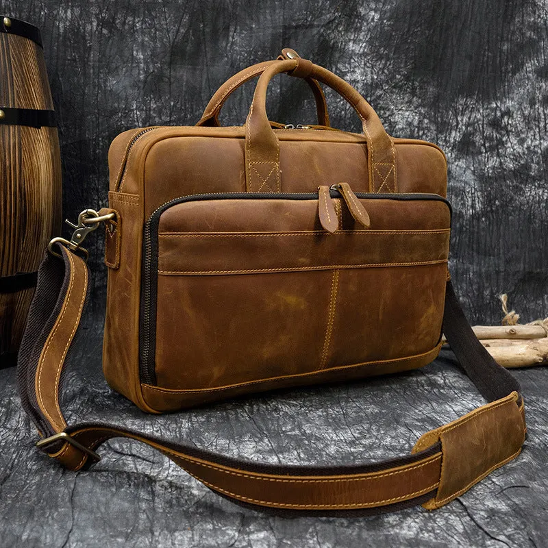 Full Grain Leather Briefcase Mens Retro Leather Handmade Laptop Bag Messenger Bag
