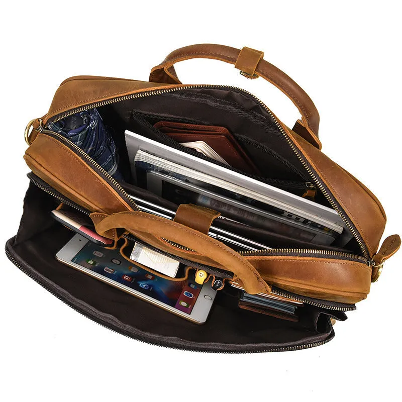 Full Grain Leather Briefcase Mens Retro Leather Handmade Laptop Bag Messenger Bag