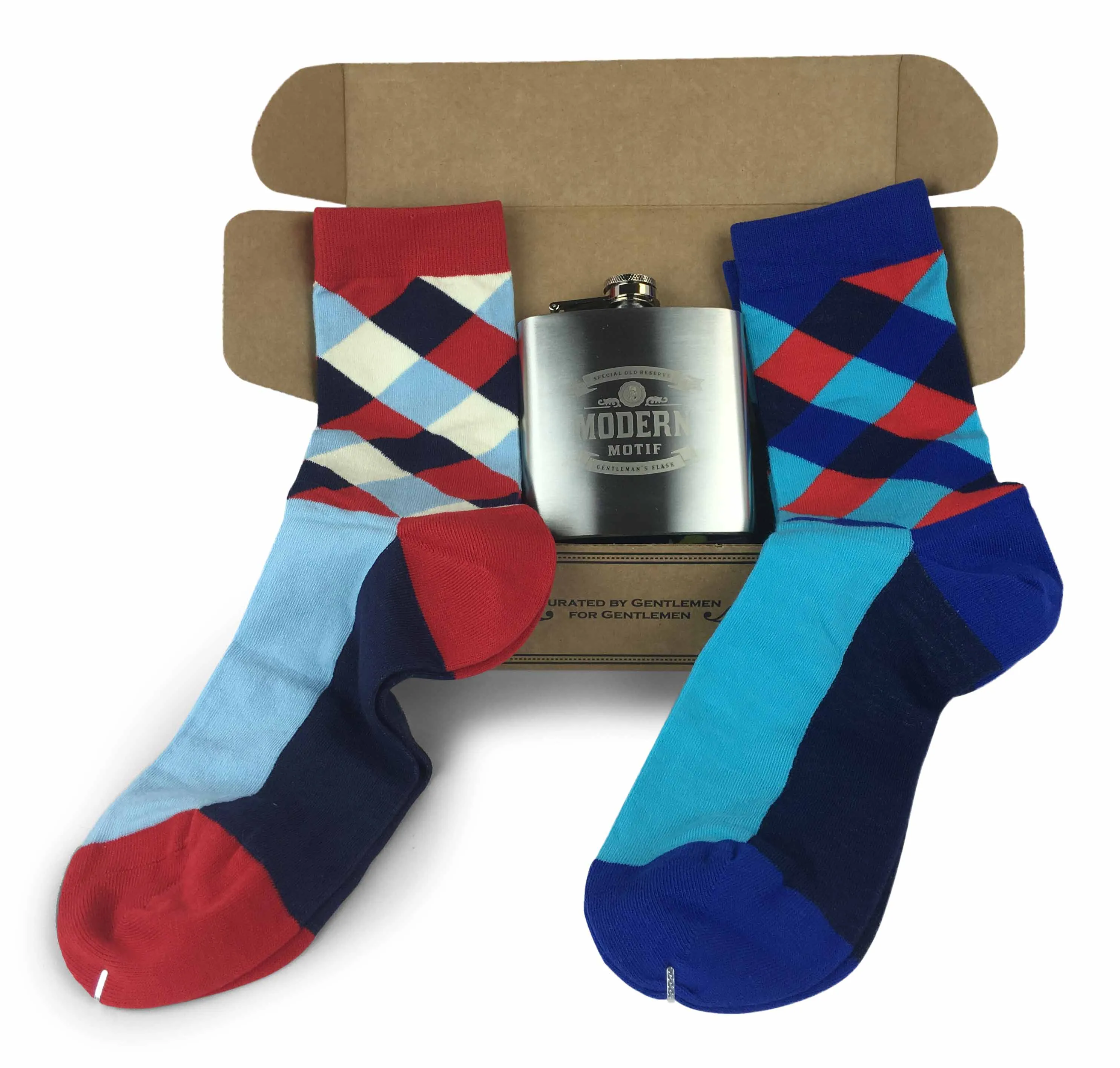 Geometric Set colorful Fun Power Socks 2 with 6oz Flask - Gift Box