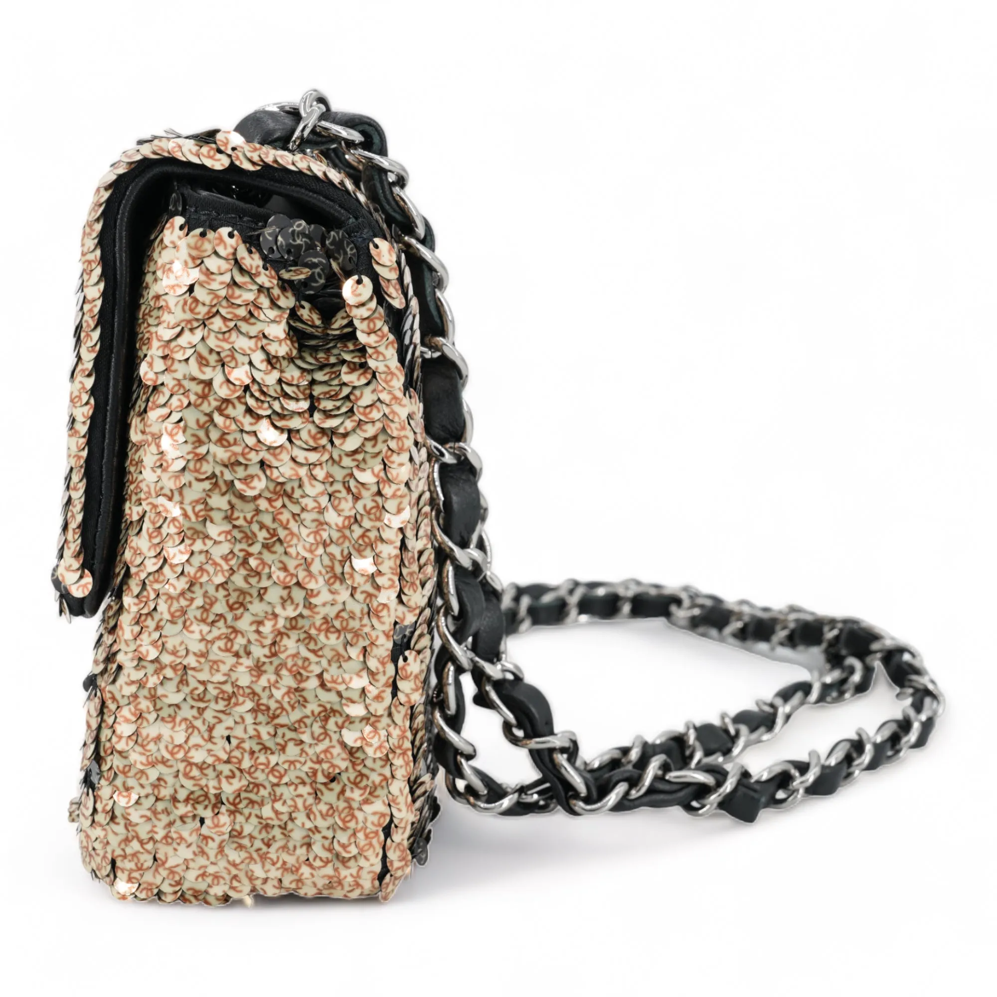Gold Black Reversible CC Sequin Mini Flap Bag