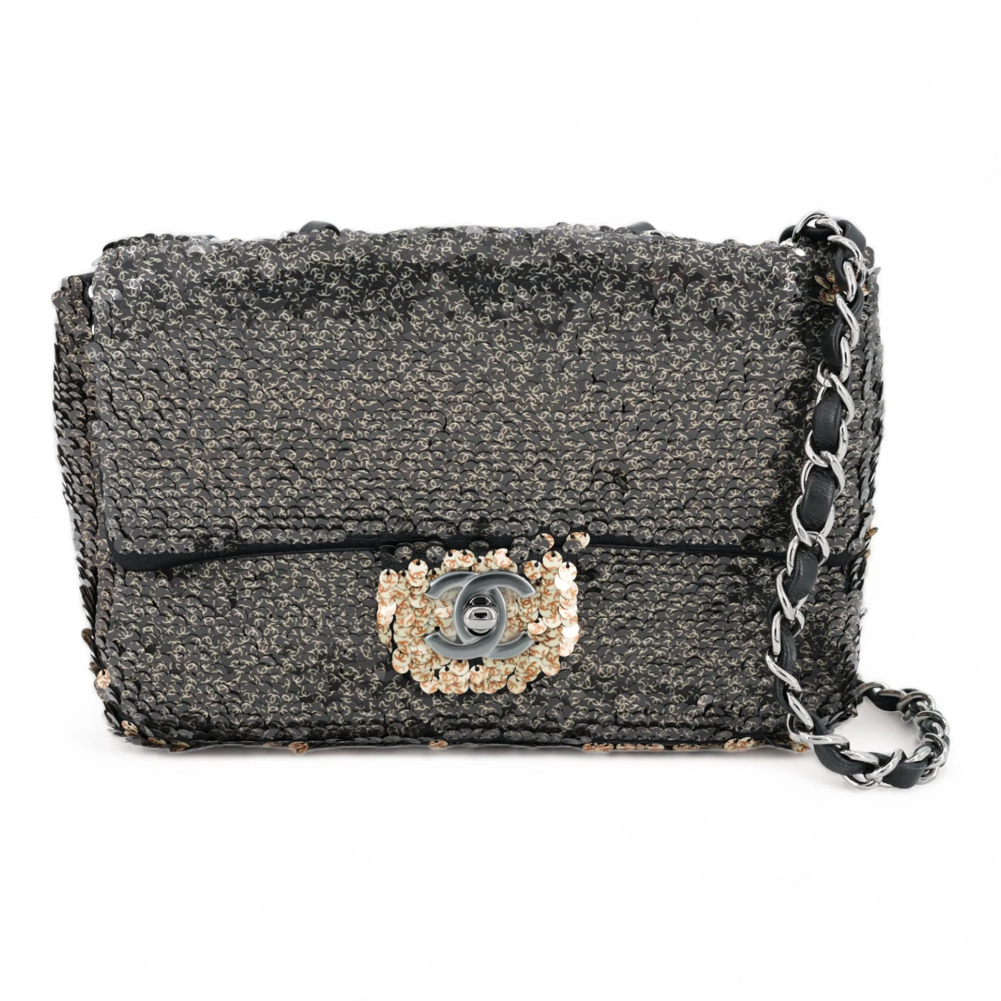 Gold Black Reversible CC Sequin Mini Flap Bag