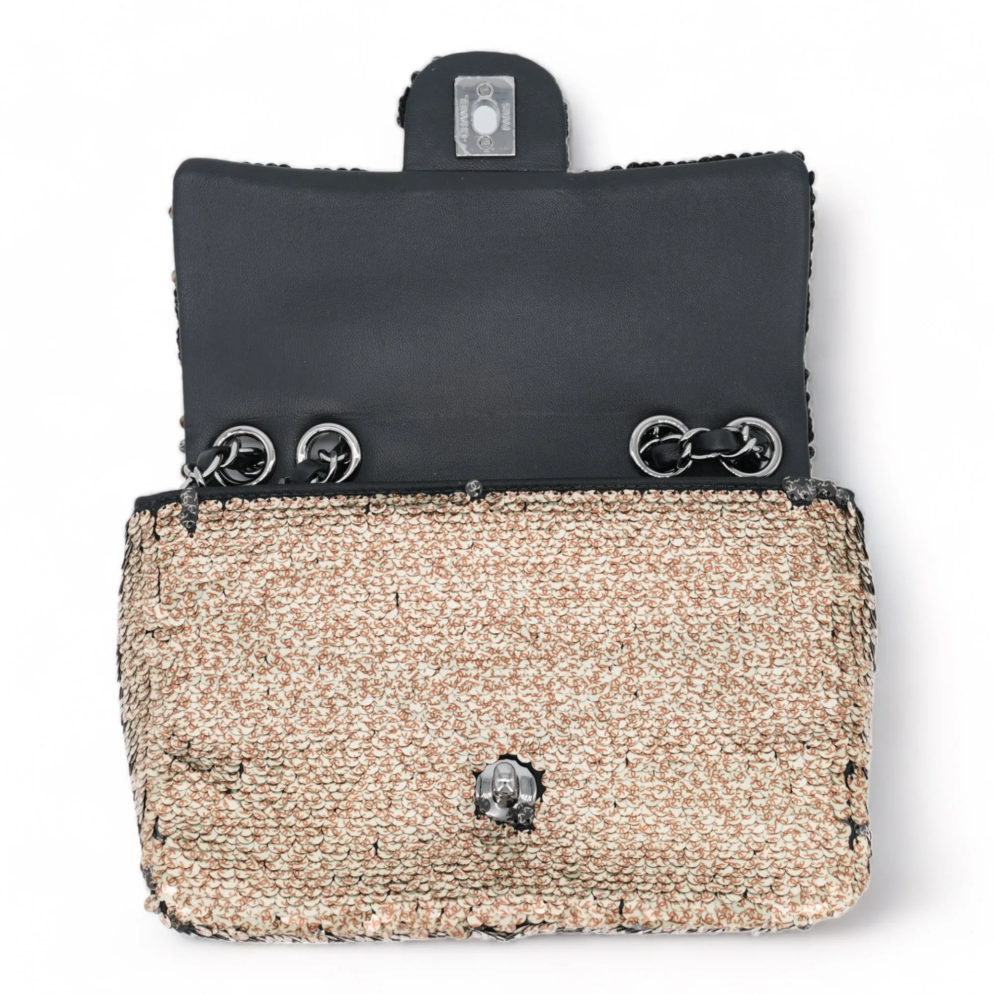 Gold Black Reversible CC Sequin Mini Flap Bag