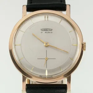Gold Plated Men's Vintage Aureole Watch 17 Rubis with Leather Strap