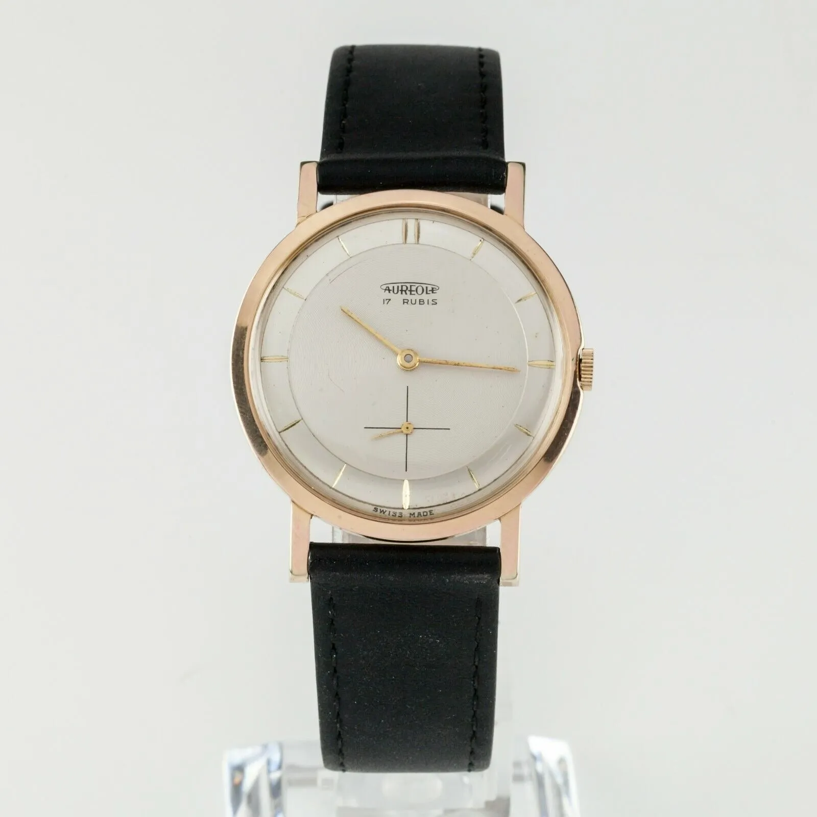 Gold Plated Men's Vintage Aureole Watch 17 Rubis with Leather Strap