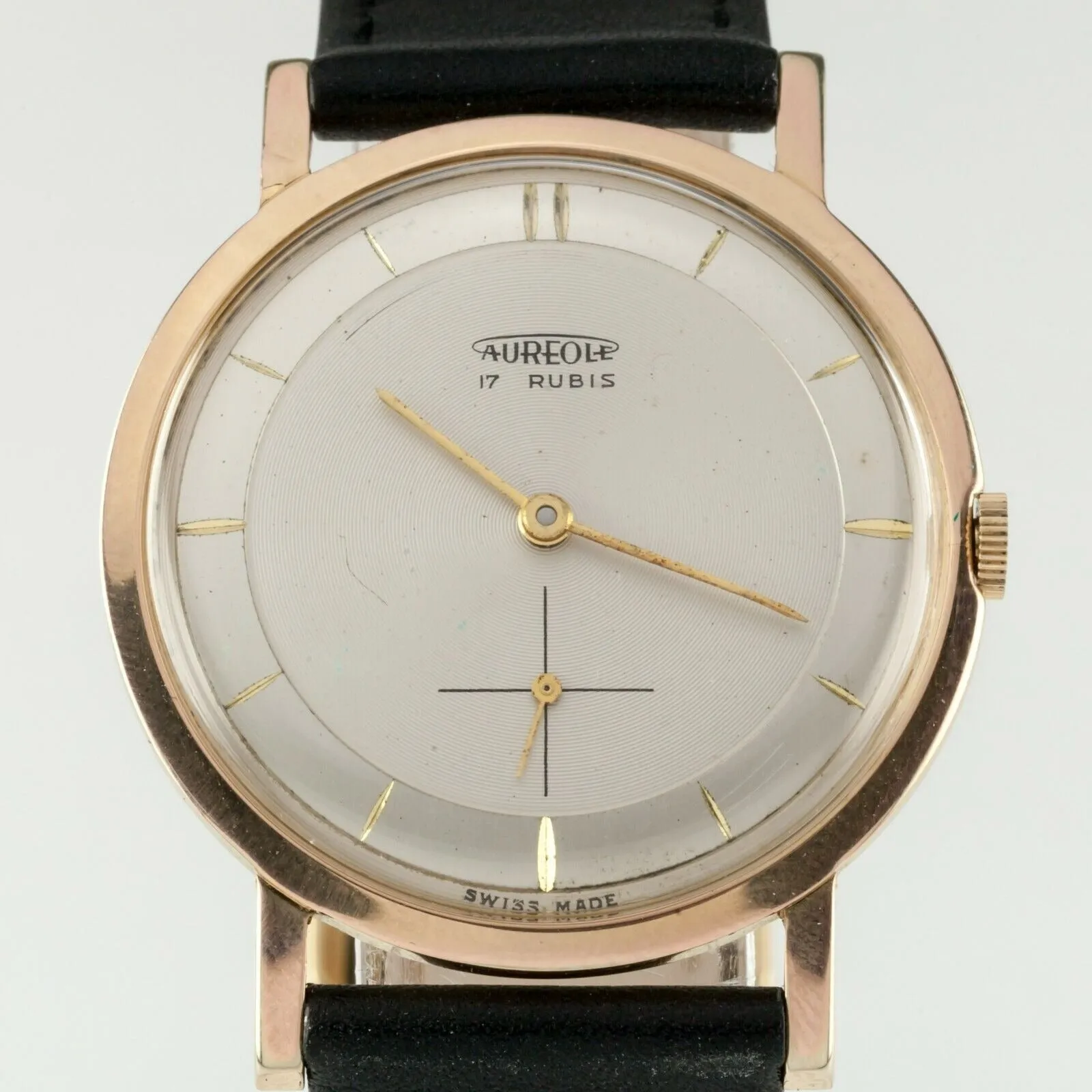 Gold Plated Men's Vintage Aureole Watch 17 Rubis with Leather Strap