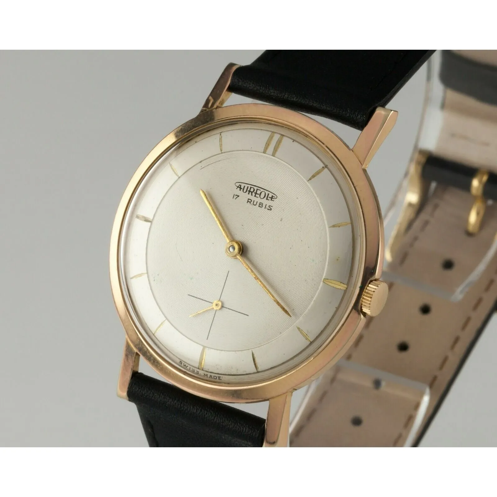 Gold Plated Men's Vintage Aureole Watch 17 Rubis with Leather Strap