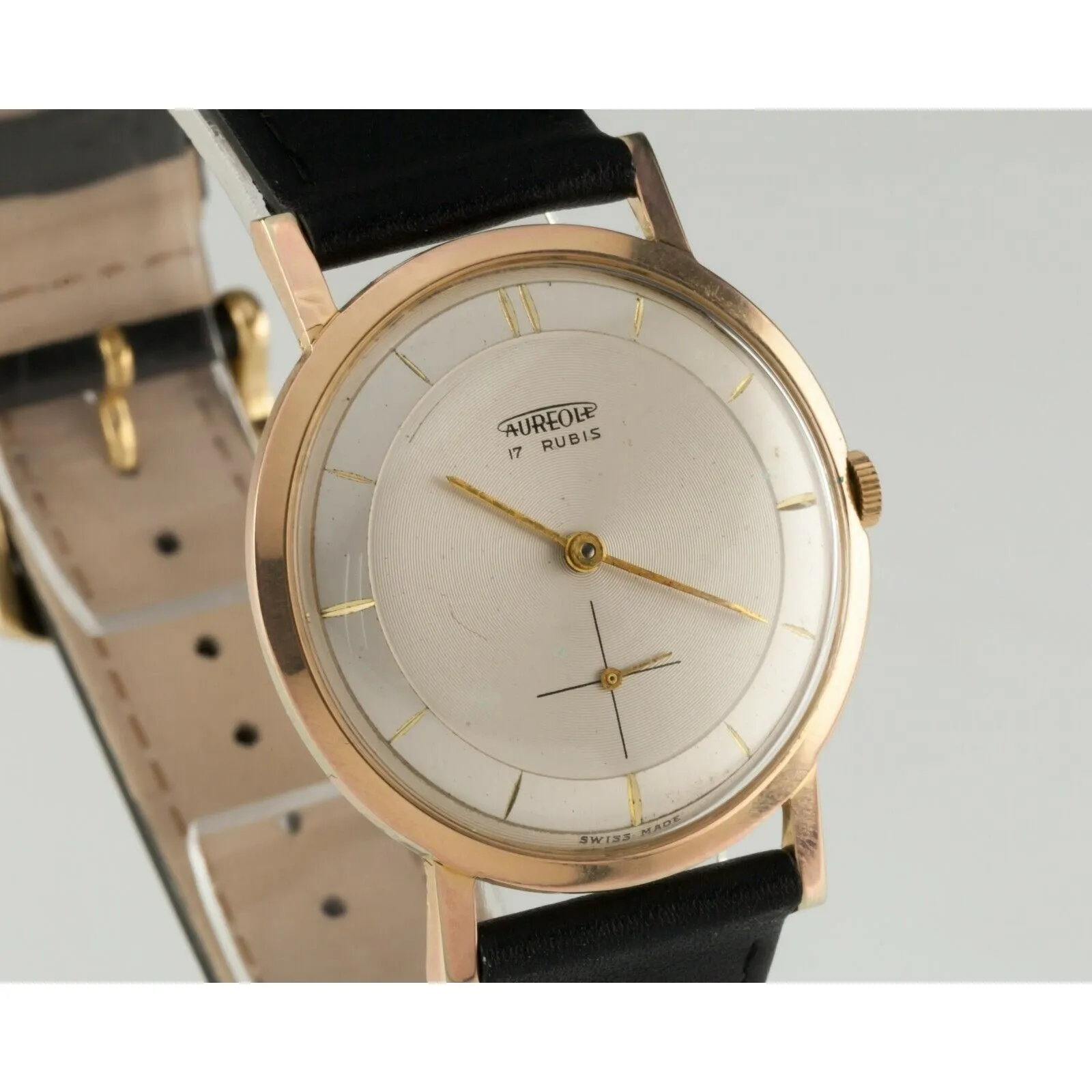 Gold Plated Men's Vintage Aureole Watch 17 Rubis with Leather Strap