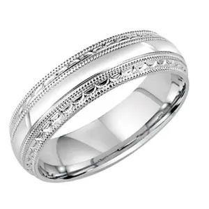 Goldman Men's 6MM Wedding Band Polished Center, Milgrain Edge and Engraved Scallop Design in 14K White Gold