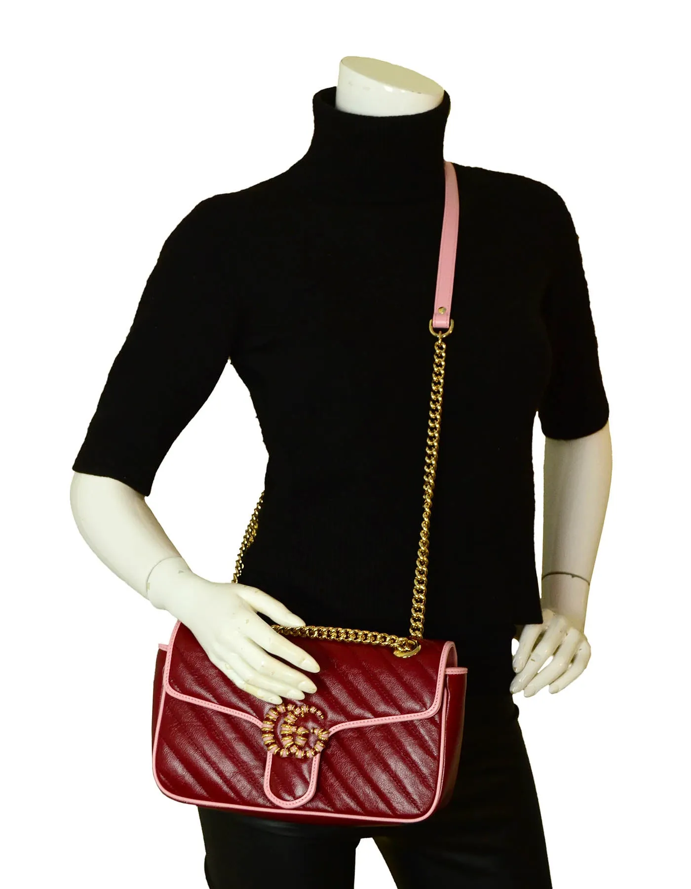 Gucci 2021 Red & Pink Leather GG Marmont Small Flap Shoulder Bag