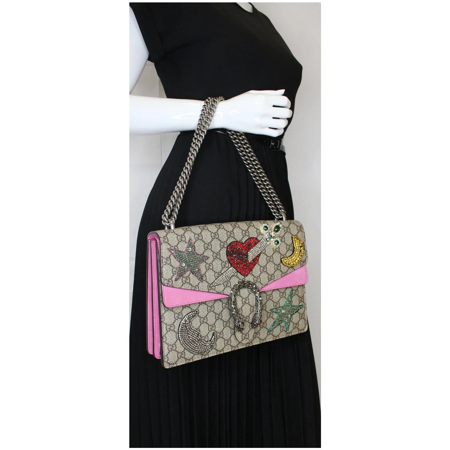 GUCCI Dionysus Embroidered Medium GG Supreme Shoulder Bag Beige