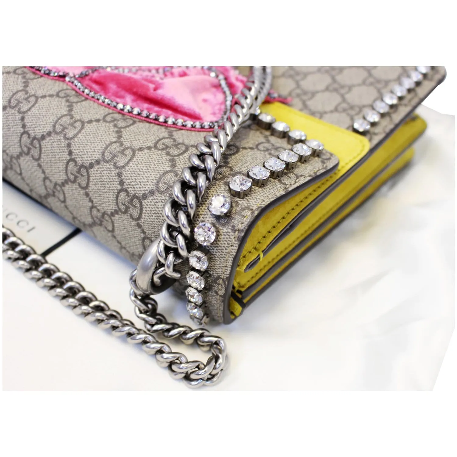 GUCCI Dionysus Medium GG Supreme Embroidered Crystal Bow Shoulder Bag Beige