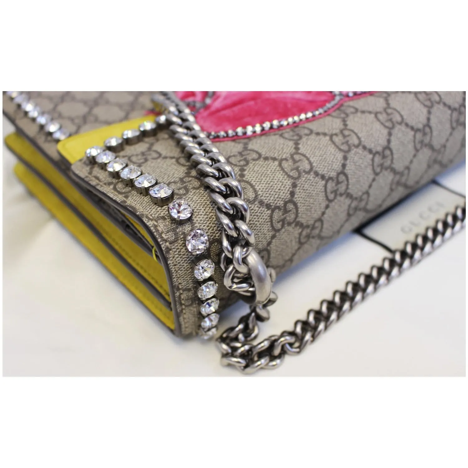 GUCCI Dionysus Medium GG Supreme Embroidered Crystal Bow Shoulder Bag Beige