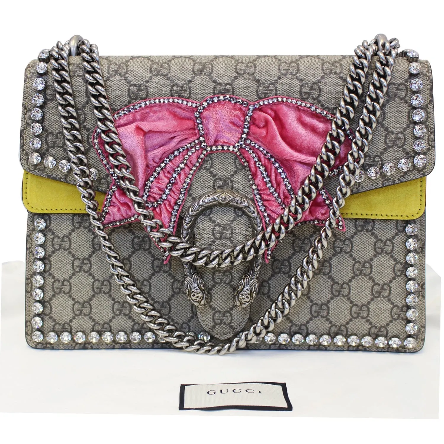 GUCCI Dionysus Medium GG Supreme Embroidered Crystal Bow Shoulder Bag Beige