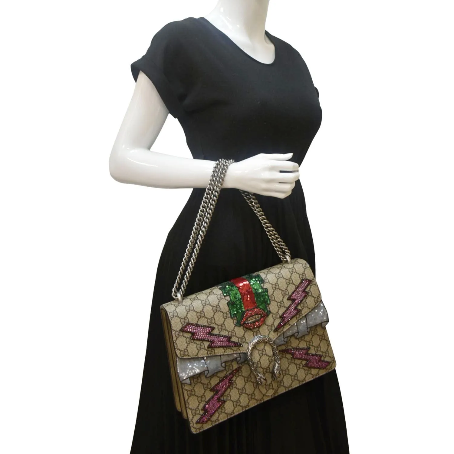 GUCCI Dionysus Medium GG Supreme Embroidered Sequin Shoulder Bag Beige 400235