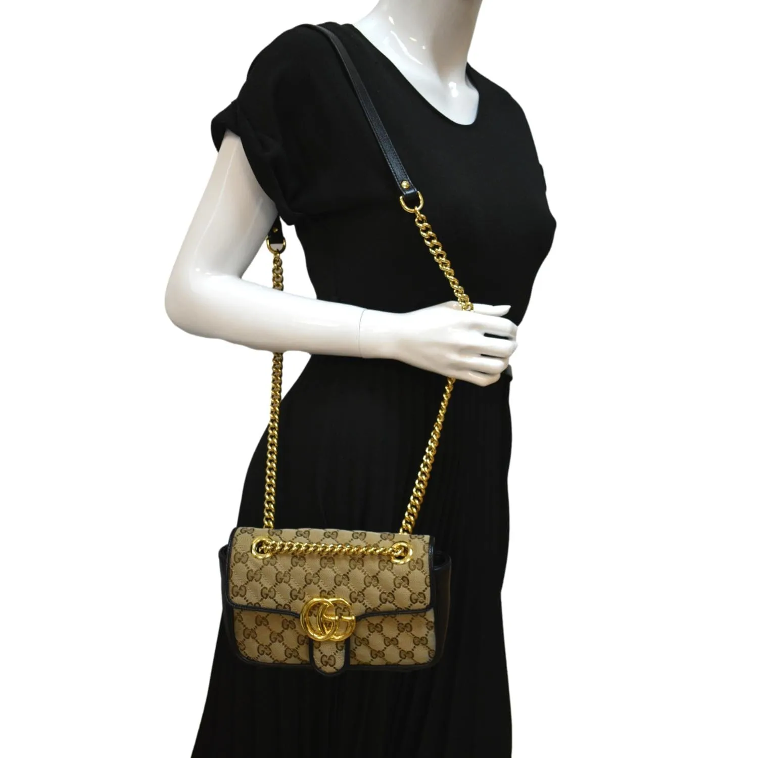 GUCCI GG Marmont Mini Canvas Leather Shoulder Bag Beige 446744