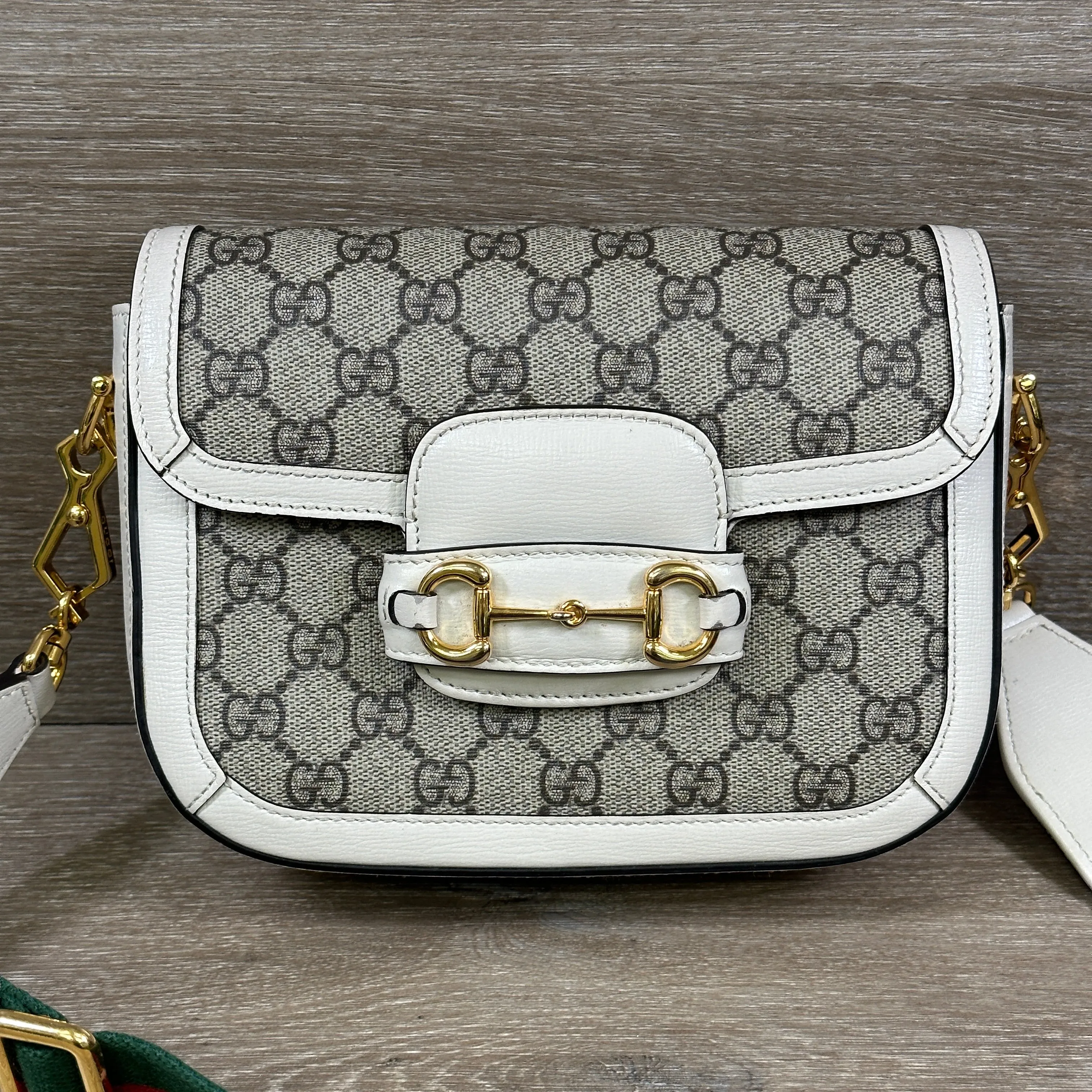 Gucci GG Supreme Monogram Web Mini Horsebit 1955 Shoulder Bag - Beige Mystic White