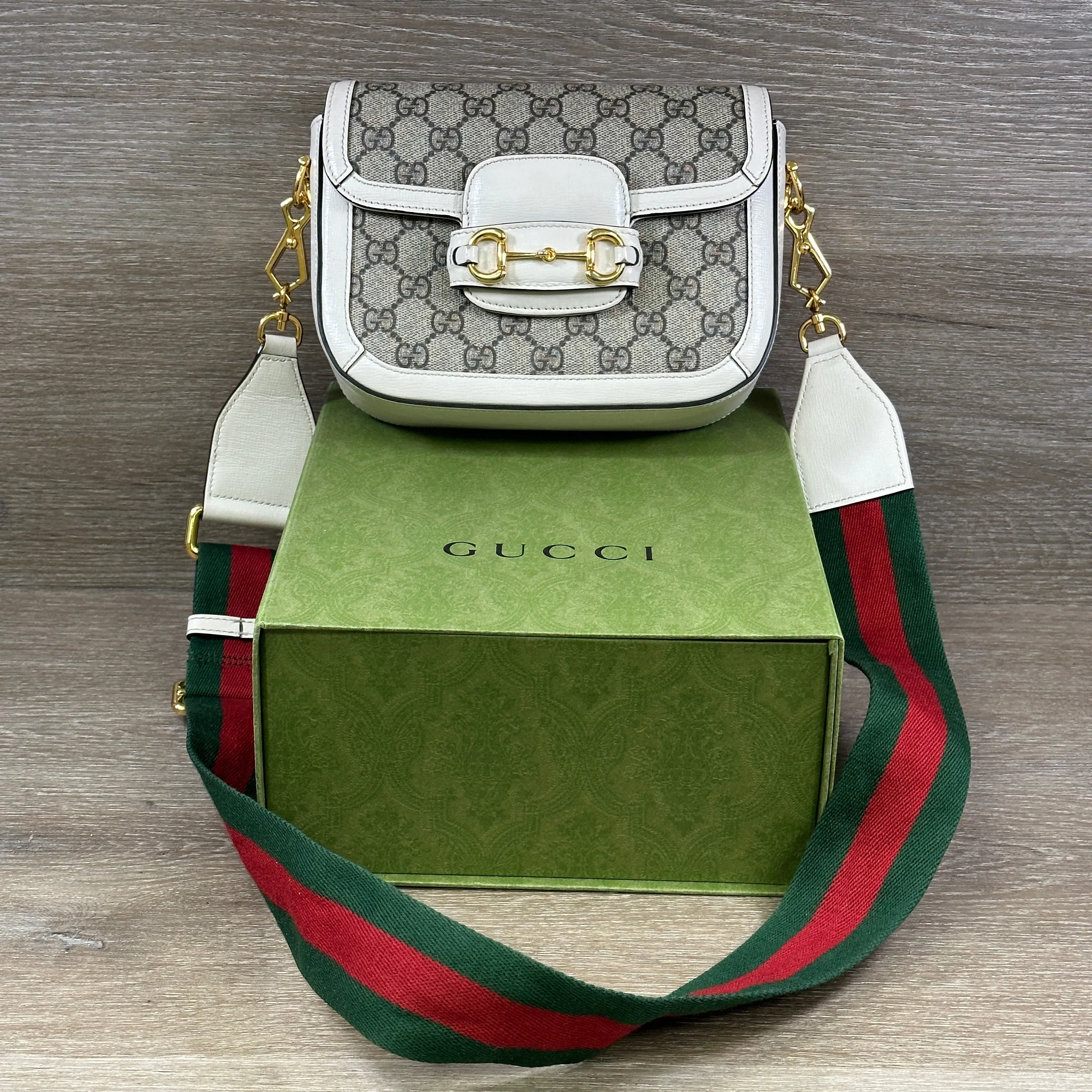 Gucci GG Supreme Monogram Web Mini Horsebit 1955 Shoulder Bag - Beige Mystic White