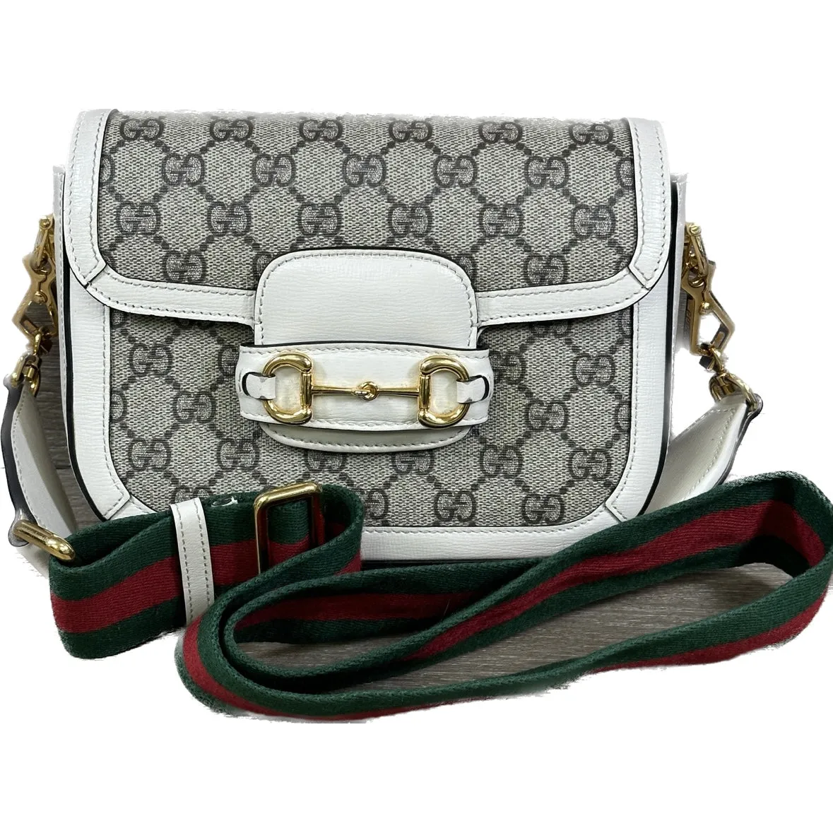 Gucci GG Supreme Monogram Web Mini Horsebit 1955 Shoulder Bag - Beige Mystic White