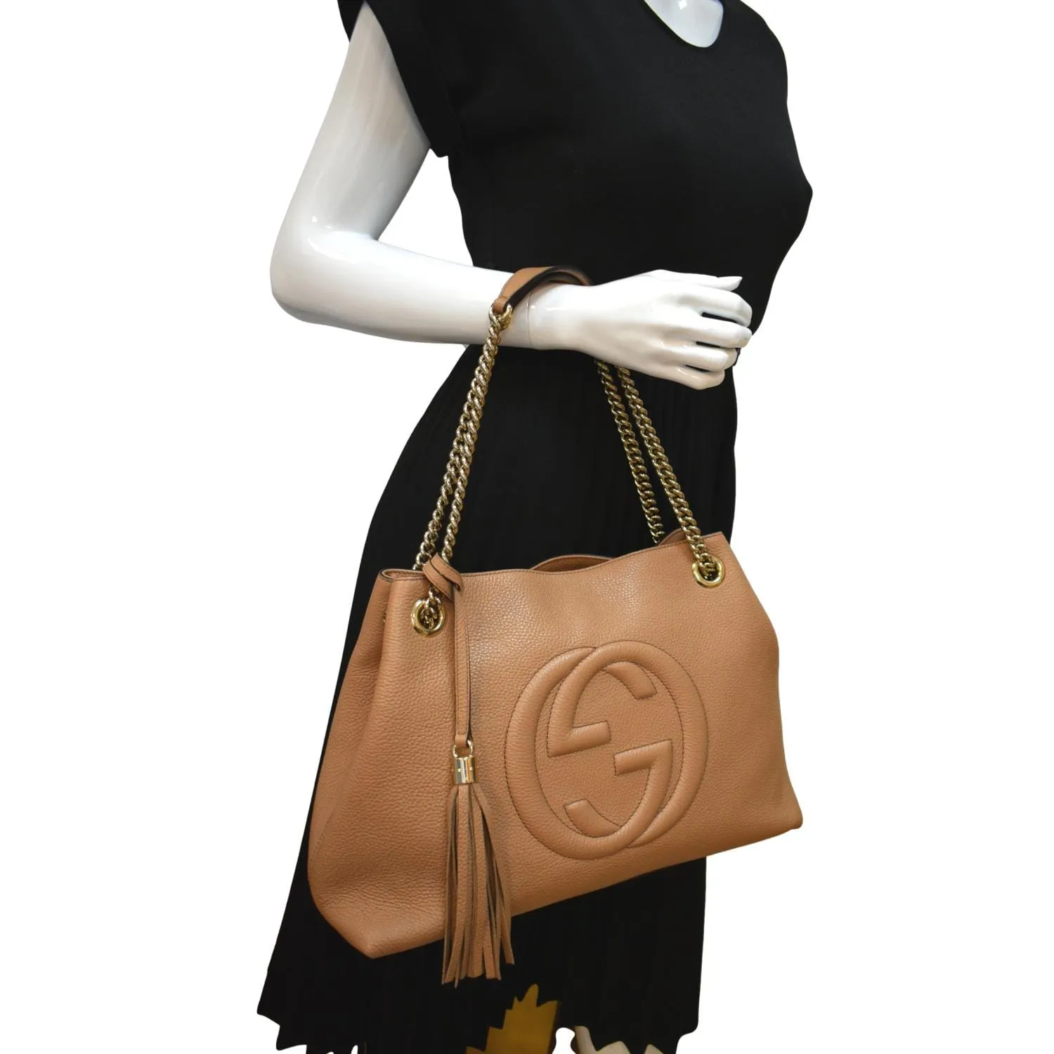 GUCCI Medium Soho Chain Leather Tote Bag Beige 536196
