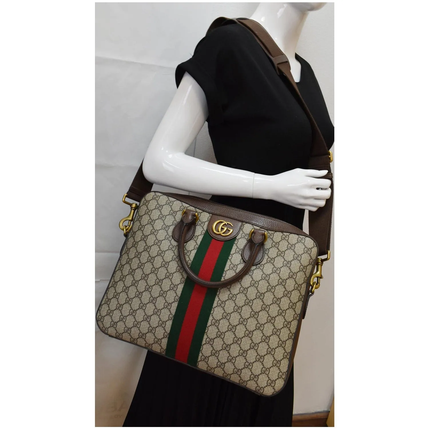GUCCI Ophidia Soft GG Supreme Canvas Leather Briefcase Shoulder Bag Beige 574793
