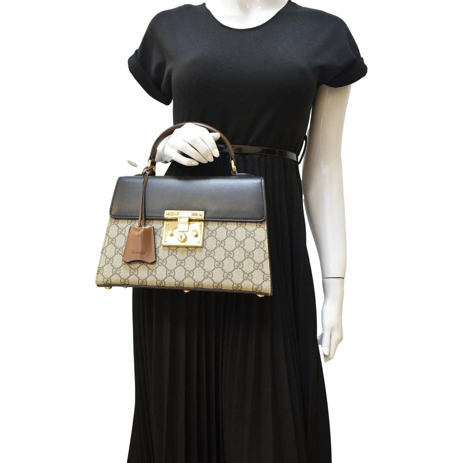 GUCCI Small Signature Padlock GG Supreme Monogram Top Handle Shoulder Bag Beige 453188