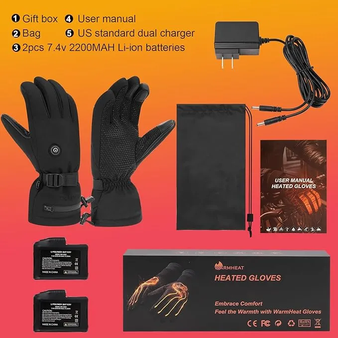 Heated Gloves, 7.6V Rechargeable Battery Thickened Heated Waterproof Winter Snow Men's and Women's Heated Gloves for Hunting Hiking Skiing Camping Cycling and Other Outdoor Sports